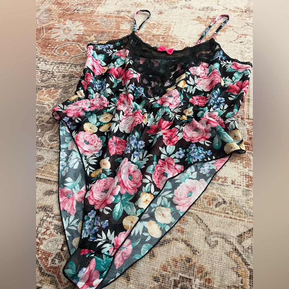 Vintage Floral print Lace Chemise lingerie bodysuit - Picture 3 of 5